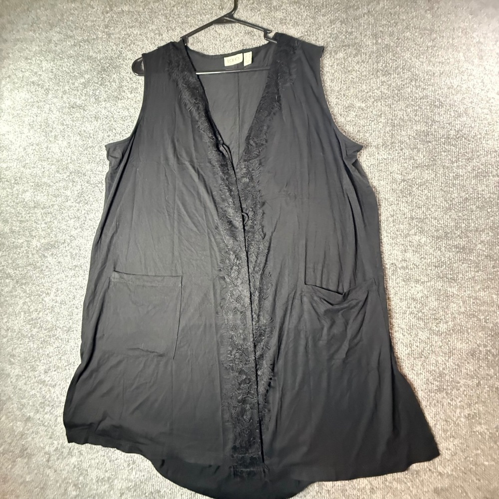LOGO Lori Goldstein Womens Black Lace Trim Open Front Vest Longline Pocket M